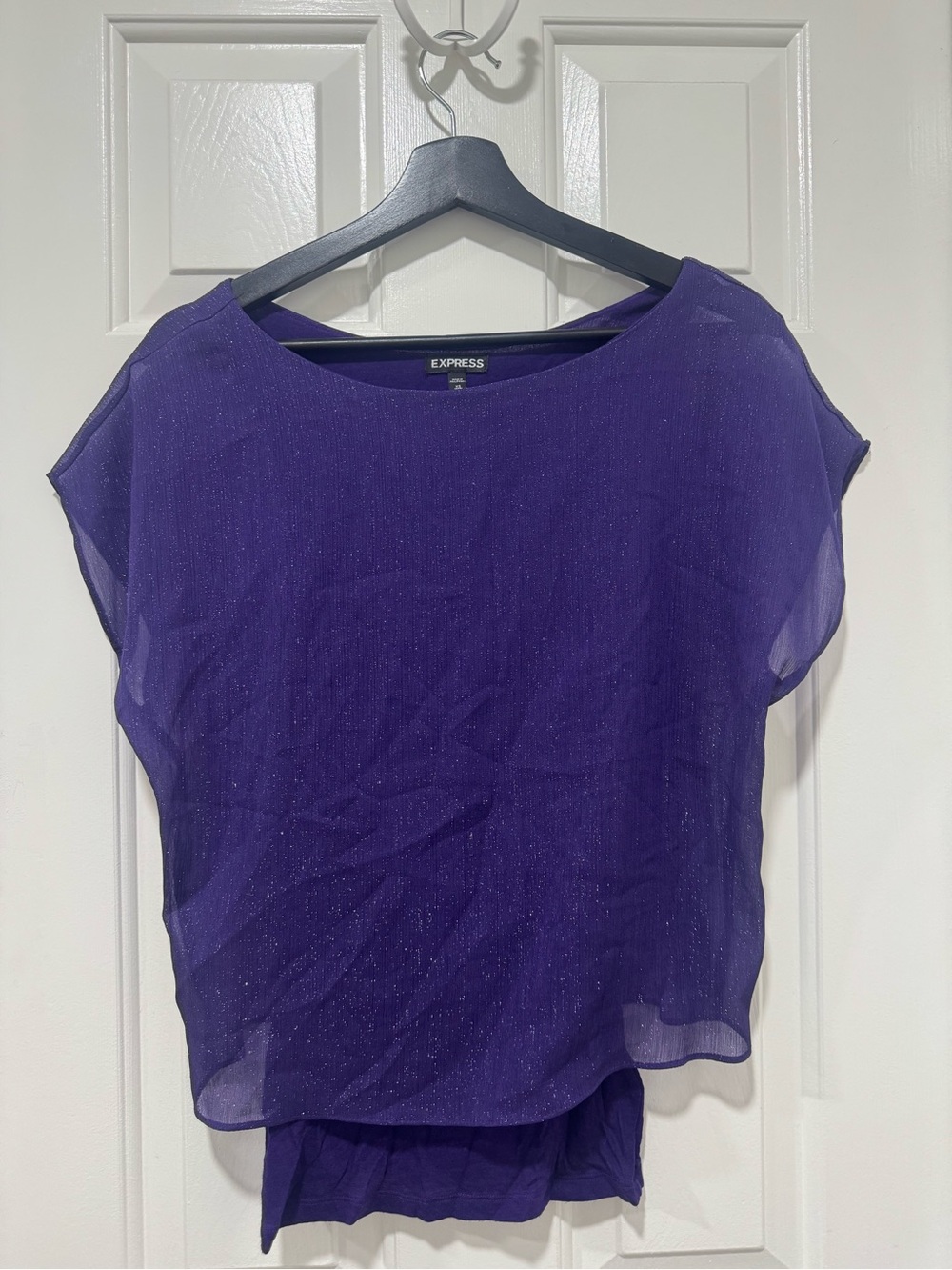Express Purple Sheer Shimmer Overlay Short-Sleeve Blouse